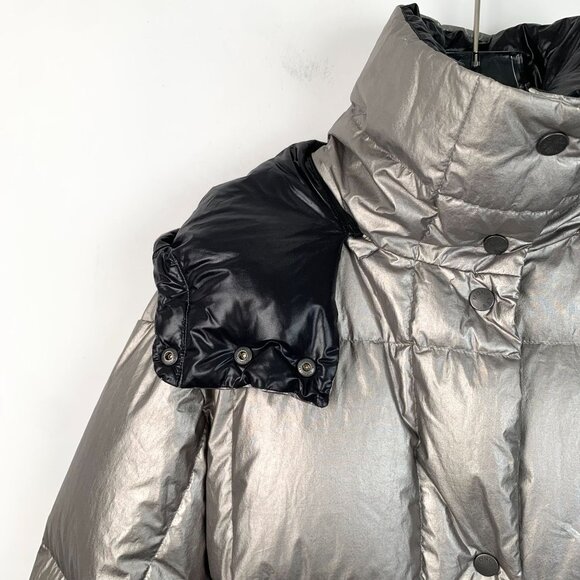 Moncler Shiny Metallic Silver Down Puffer Jacket W/ Detachable Black Hood - Picture 3 of 8